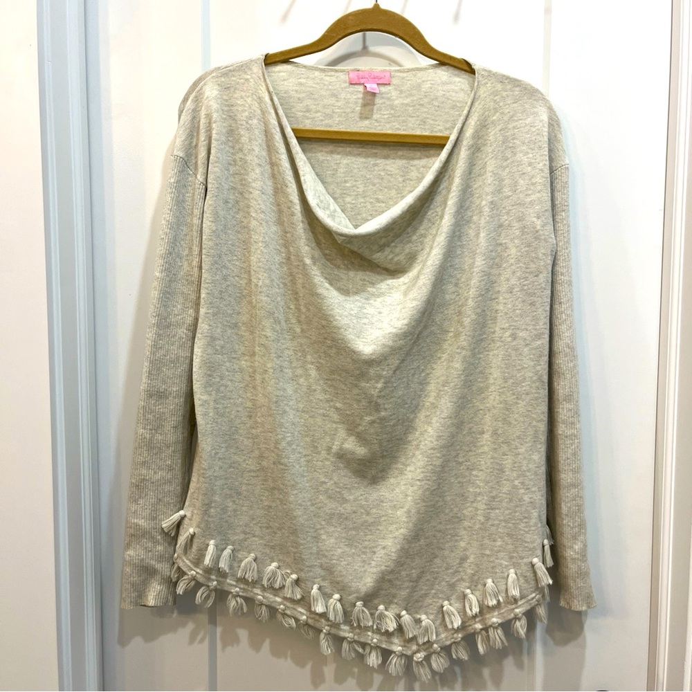 Lilly Pulitzer Ferrera Tassel Asymmetrical Hem Sweater Drape Heathered Gray Sz S